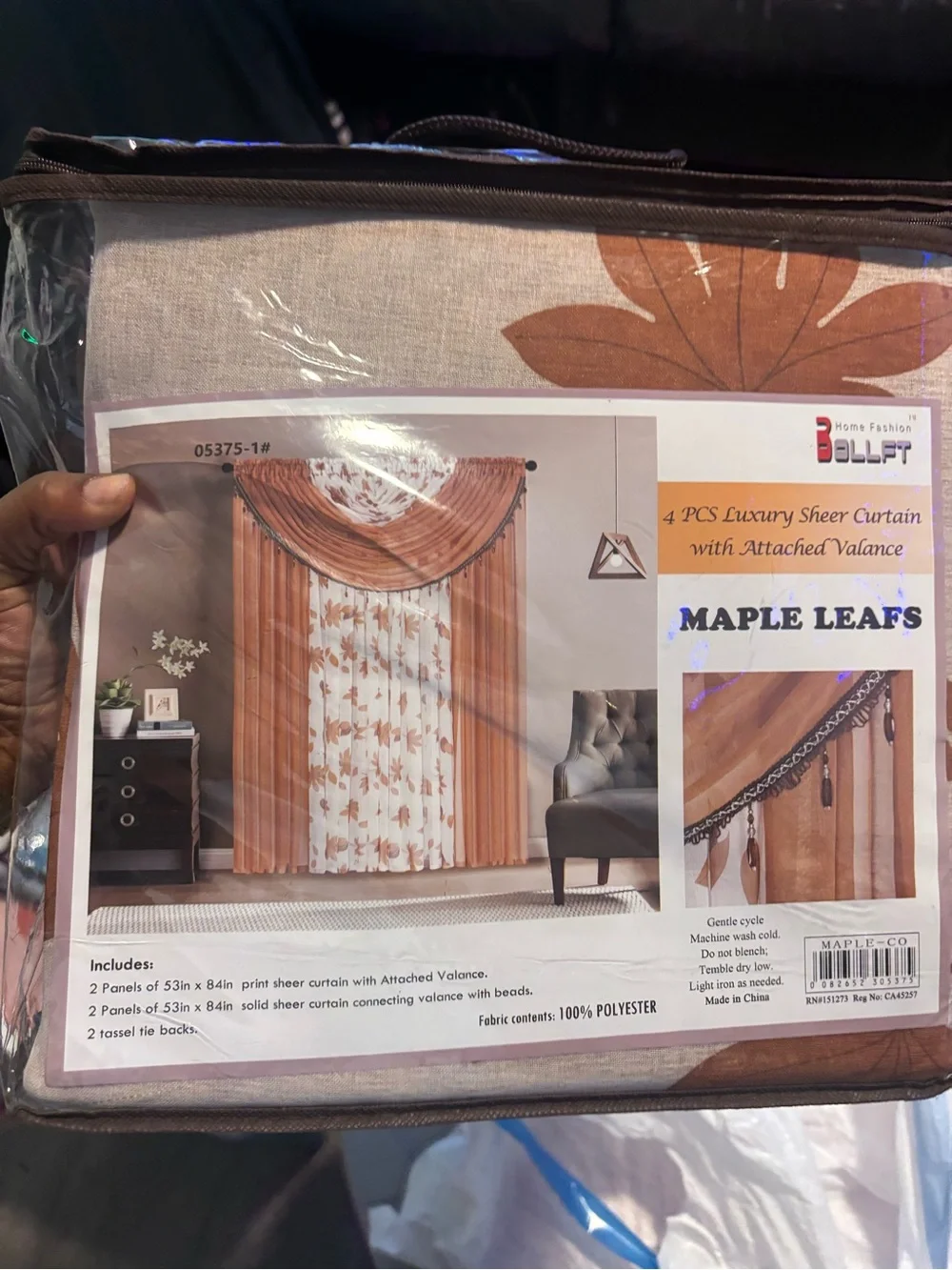 bolle Maple Leafs Sheer Curtain Set in Brown and Cream